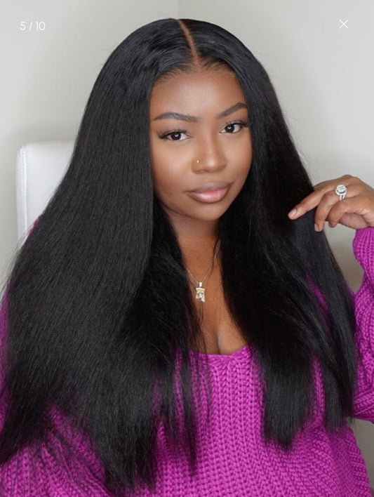 7x5 & 13x4 Pre-Everything Glueless Lace Black Kinky Straight & Yaki Straight Wig With Bleached Knots